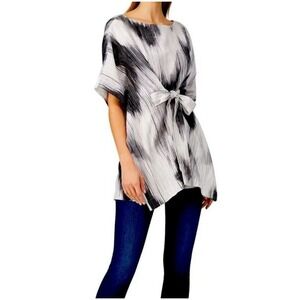 Natori Painted Ikat Caftan Top Gray Linen Blend Front Wasit Tie SZ L/XL